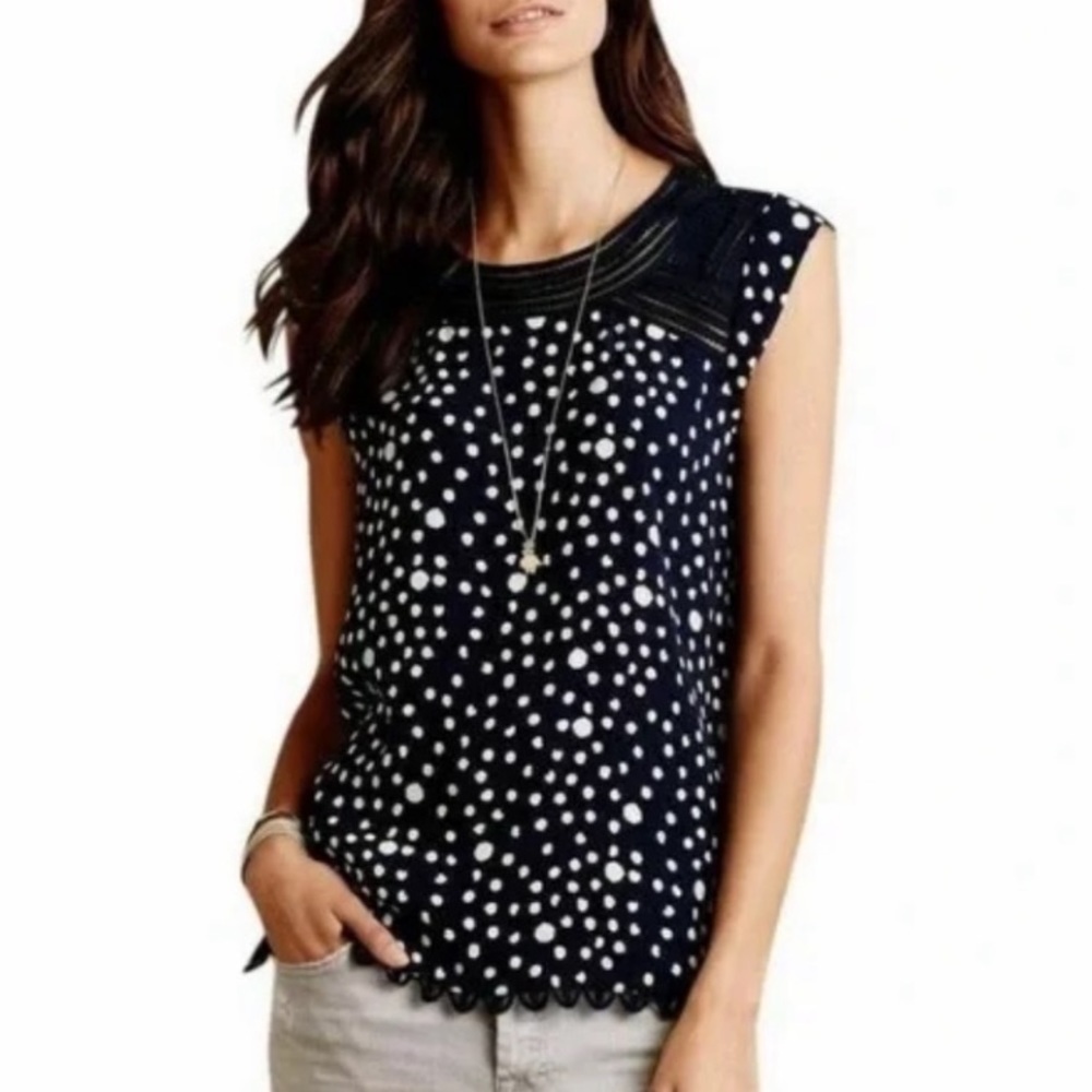 Meadow Rue Dark Blue & White Polka Dot Short Sleeve Blouse